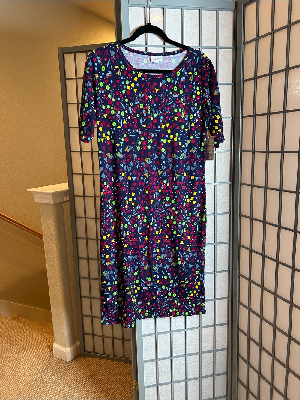 NWT LuLaRoe Julia Navy Midi Dress with Geometric Print